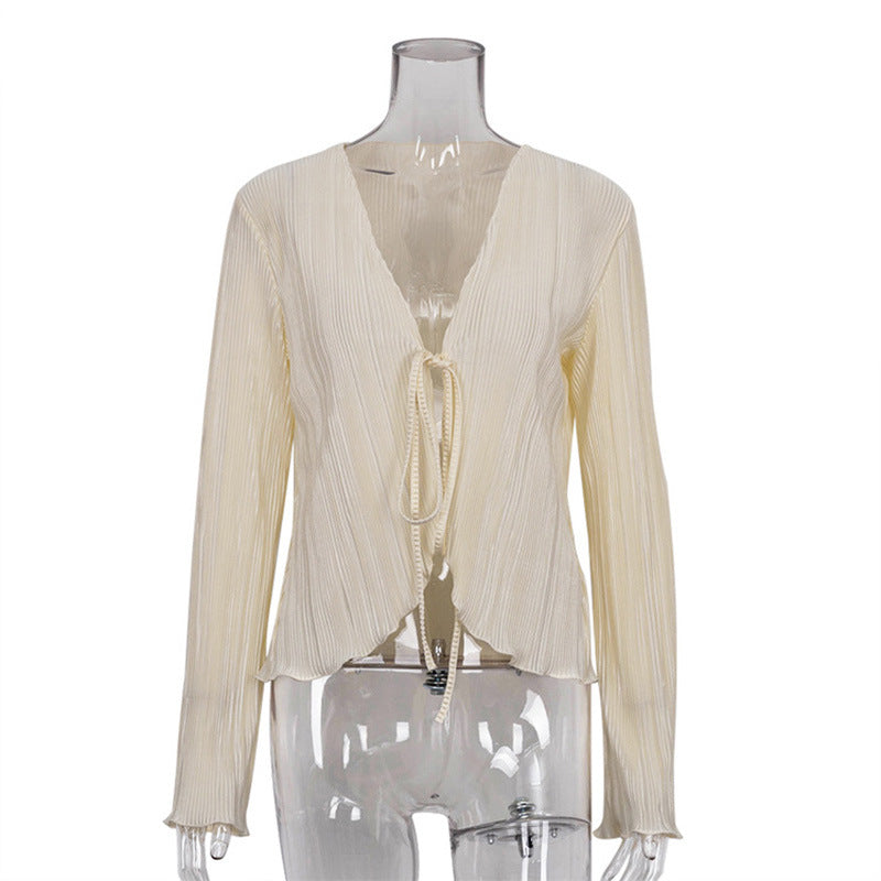 European and American Ins Style 2024 New Summer Sexy Hot Girl Top Slim-fit Horn Long-sleeved Pleated Shirt Women's French Style