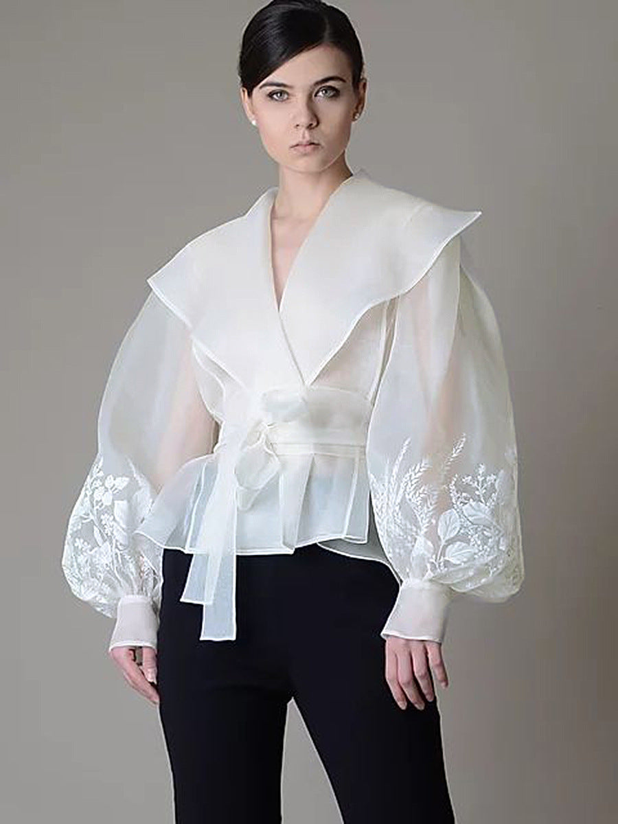 French-Style Elegant Printed Blouse 2026 Summer New Organza Large Lapel Lantern Sleeve Waist-Cinching Tie Shirt for Women
