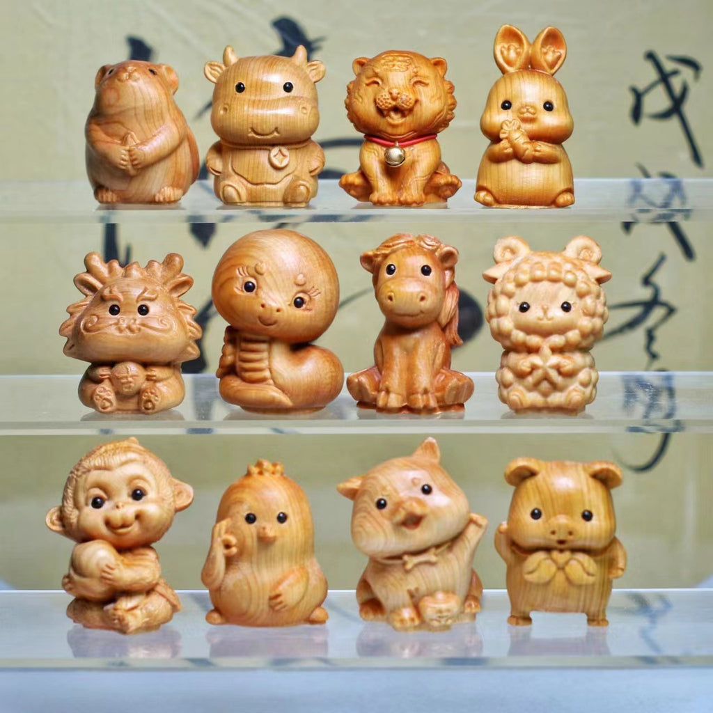 Thuja Wood Carving Twelve Zodiac Ornaments Mouse Ox Tiger Rabbit Dragon Snake Horse Sheep Monkey Chicken Dog Pig Handle Craft Gift