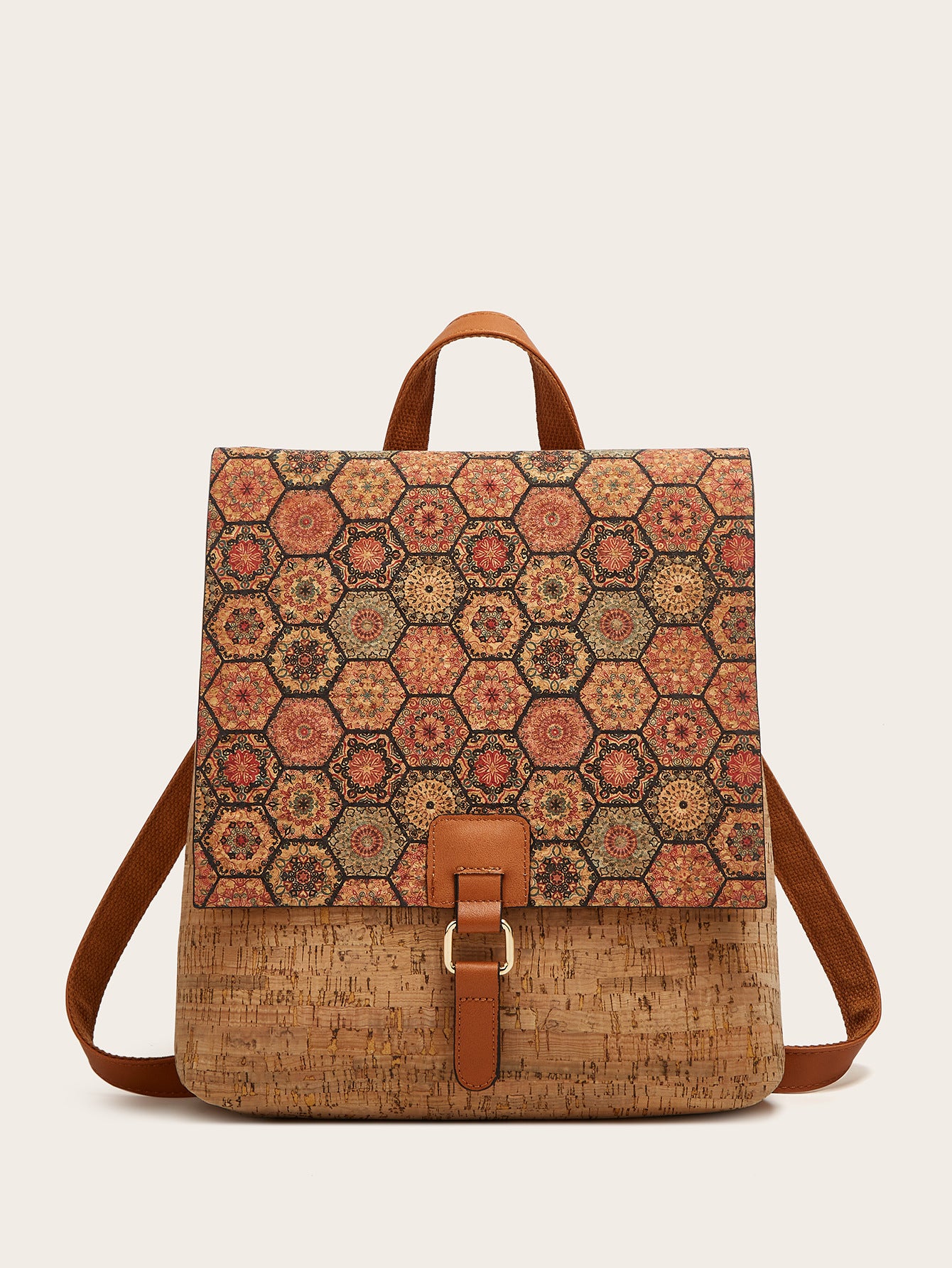 Cross-Border New Model 2026 Fashion Retro Printed Bark Cork Flip-Top Backpack Women's Large Capacity Backpack