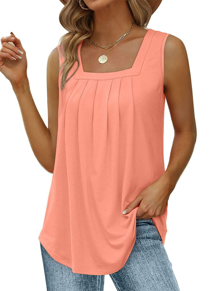 2024 Export Popular Sleeveless Square Collar Vest T-Shirt for Women Pure Color Pleated Swallowtail Suspender Fashionable Inner Top