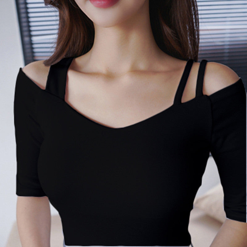 Black Off-Shoulder Short-Sleeve T-Shirt for Women, 2026 Summer New Design, Pure Desire V-Neck Slim-Fit Niche Top
