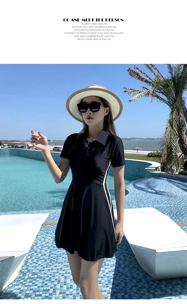 Women's Swimsuit Summer 2025 New Conservative One-Piece Skirt Style Belly-Covering Slimming Look Sports Boxer Student Hot Spring Swimwear