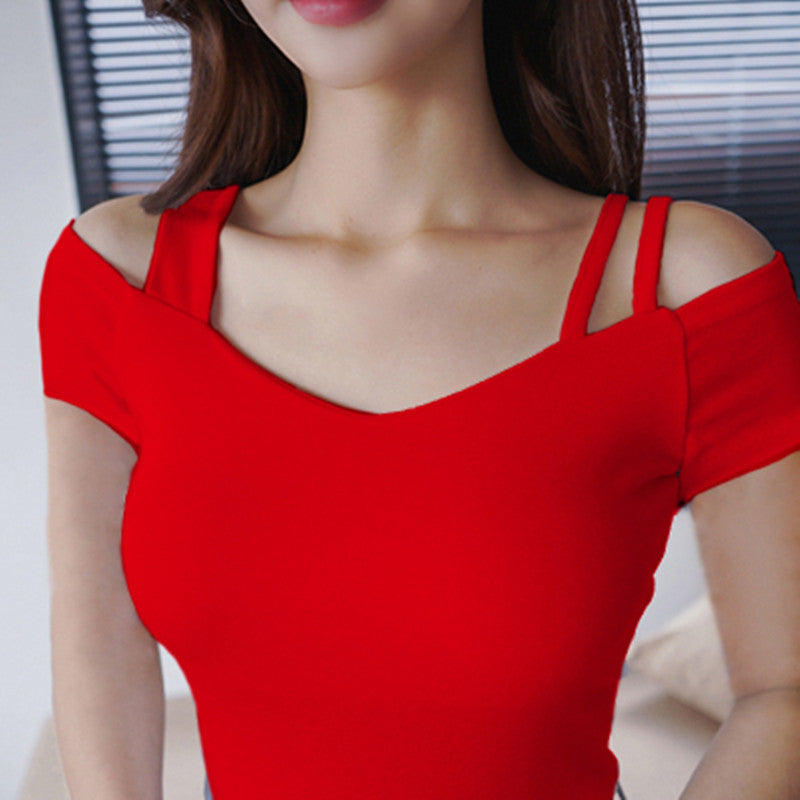 Black Off-Shoulder Short-Sleeve T-Shirt for Women, 2026 Summer New Design, Pure Desire V-Neck Slim-Fit Niche Top