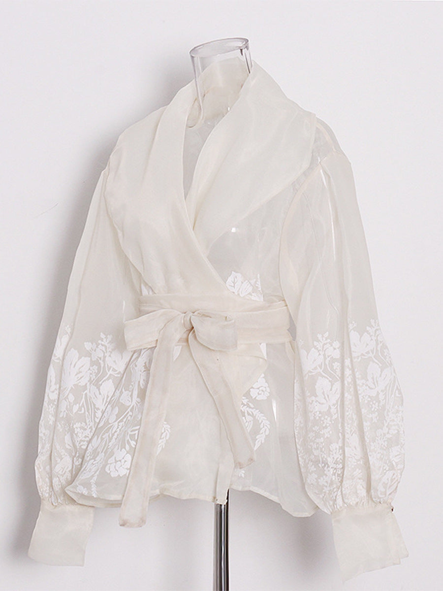 French-Style Elegant Printed Blouse 2026 Summer New Organza Large Lapel Lantern Sleeve Waist-Cinching Tie Shirt for Women