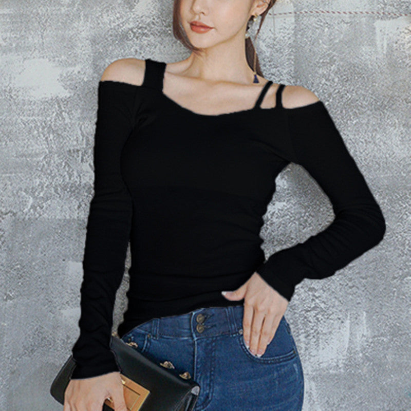 Black Off-Shoulder Short-Sleeve T-Shirt for Women, 2026 Summer New Design, Pure Desire V-Neck Slim-Fit Niche Top