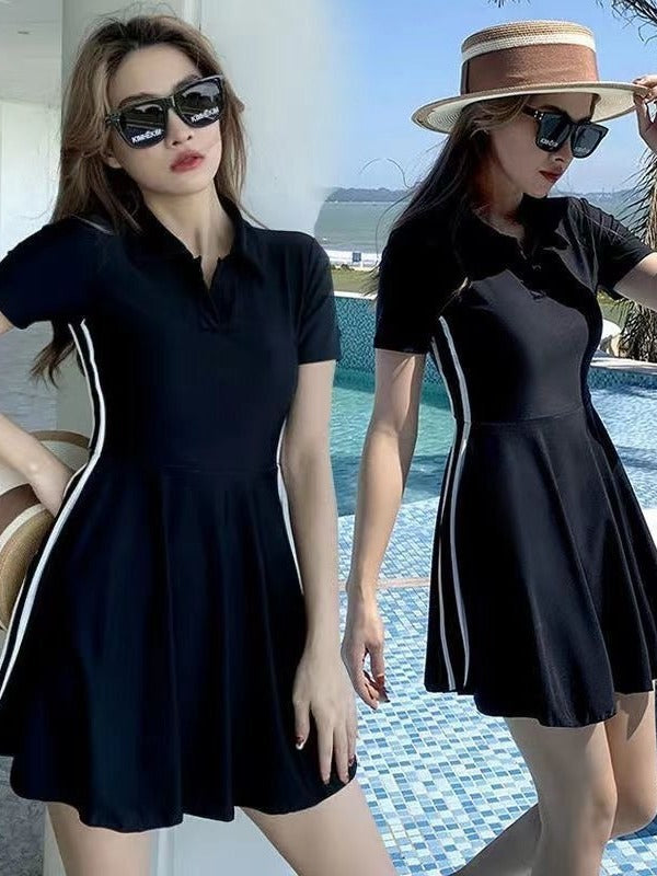 Women's Swimsuit Summer 2025 New Conservative One-Piece Skirt Style Belly-Covering Slimming Look Sports Boxer Student Hot Spring Swimwear