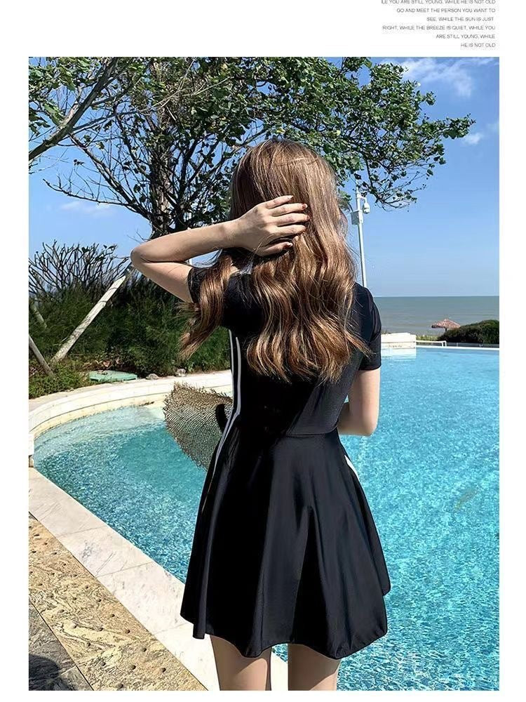 Women's Swimsuit Summer 2025 New Conservative One-Piece Skirt Style Belly-Covering Slimming Look Sports Boxer Student Hot Spring Swimwear
