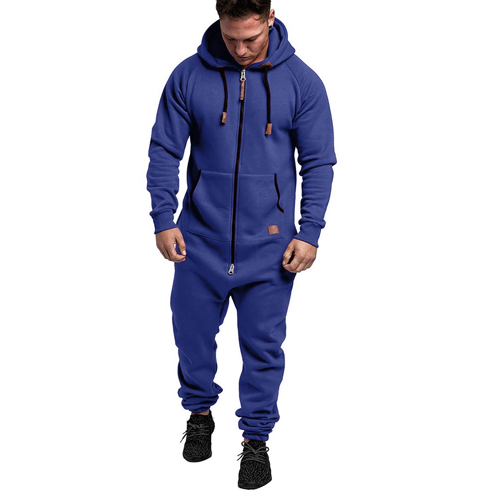 In-Stock New Foreign Trade Men's Hooded Fleece Jumpsuit Solid Color Casual Men's Suit Jumpsuit