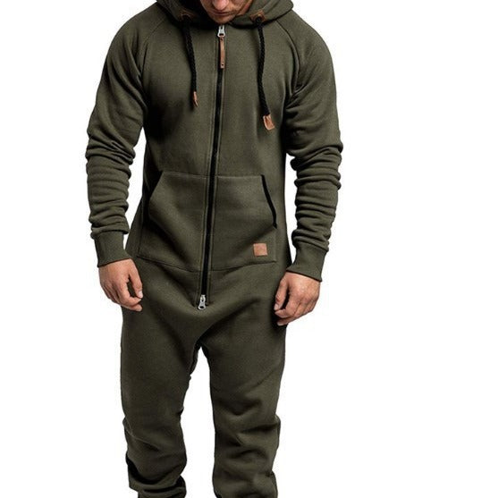 In-Stock New Foreign Trade Men's Hooded Fleece Jumpsuit Solid Color Casual Men's Suit Jumpsuit