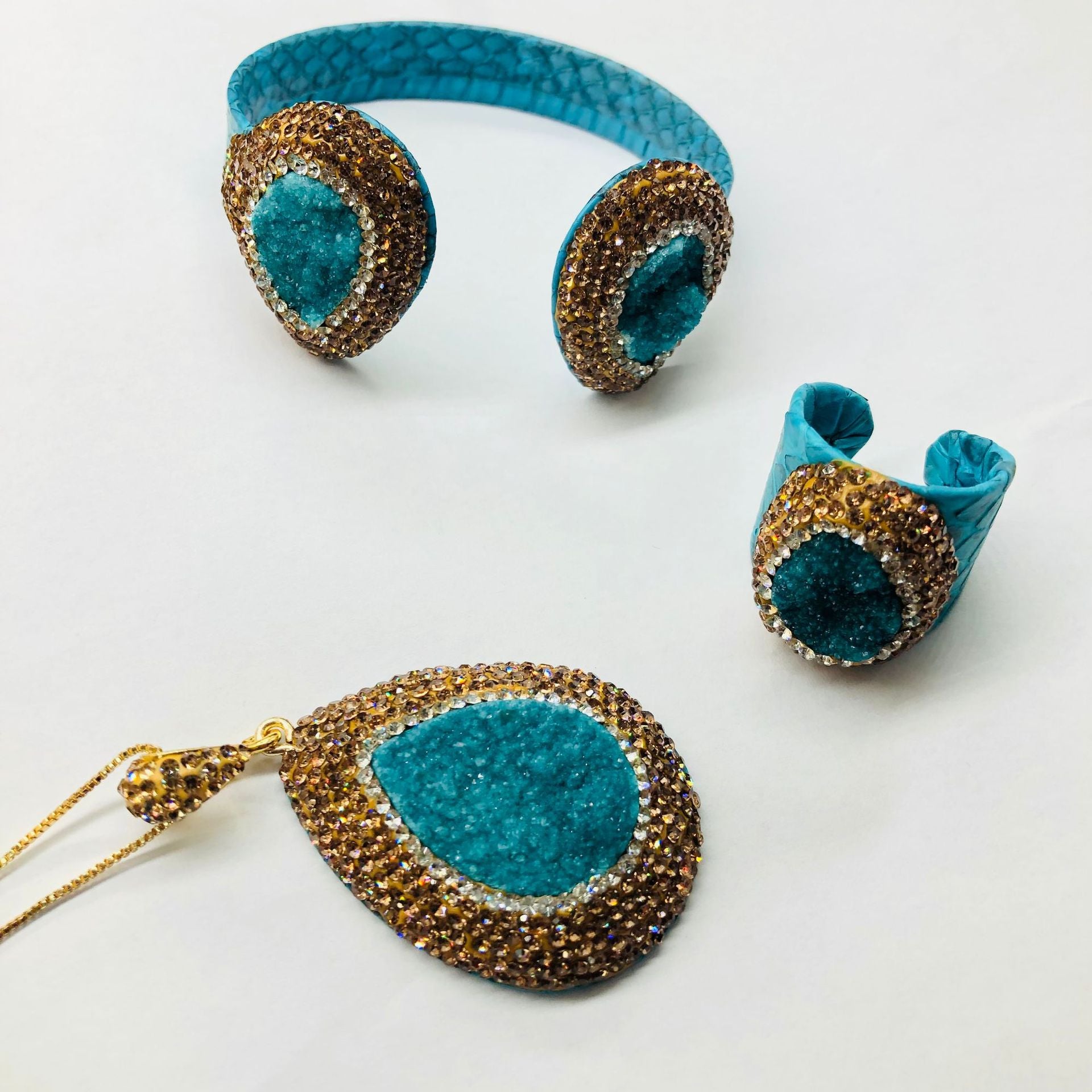 Blue Water Snakeskin Open Bracelet Ring Pendant Necklace Women's suit Handmade Diamond Bud Niche Design