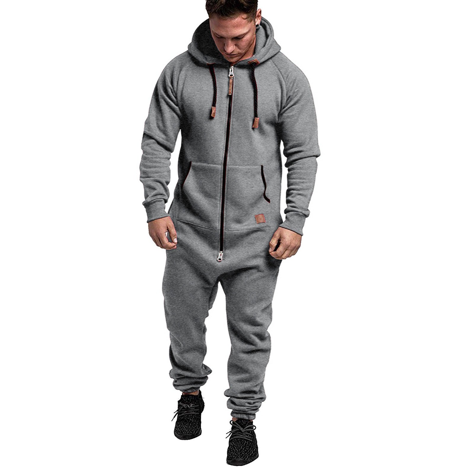In-Stock New Foreign Trade Men's Hooded Fleece Jumpsuit Solid Color Casual Men's Suit Jumpsuit