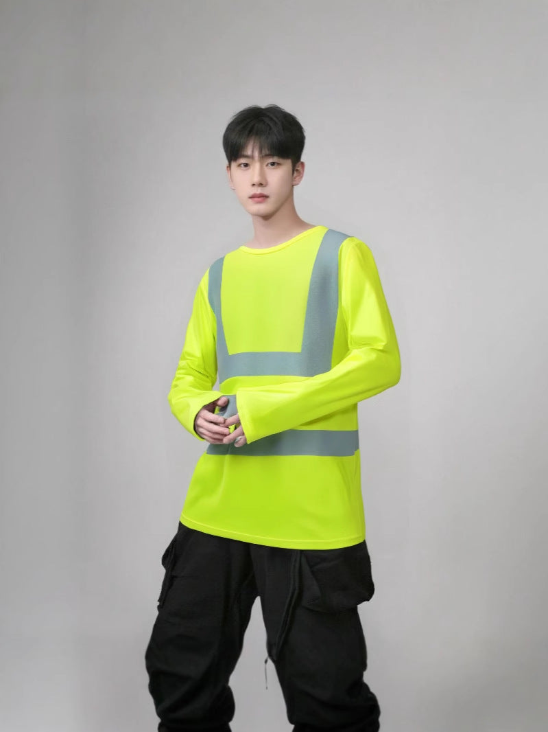Wholesale Reflective Strip T-Shirt for Men, Long-Sleeved, Round Neck, Cross-Border, Plus Size, Sports Style, Large Size Round Neck T-Shirt