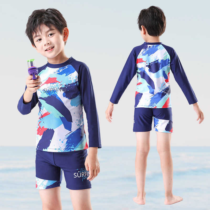 Children's Swimwear for Boys, Two-Piece Swim Trunks for Older Boys, 2026 New Model, Professional Sun-Protective Swimsuit, Hot Spring Set