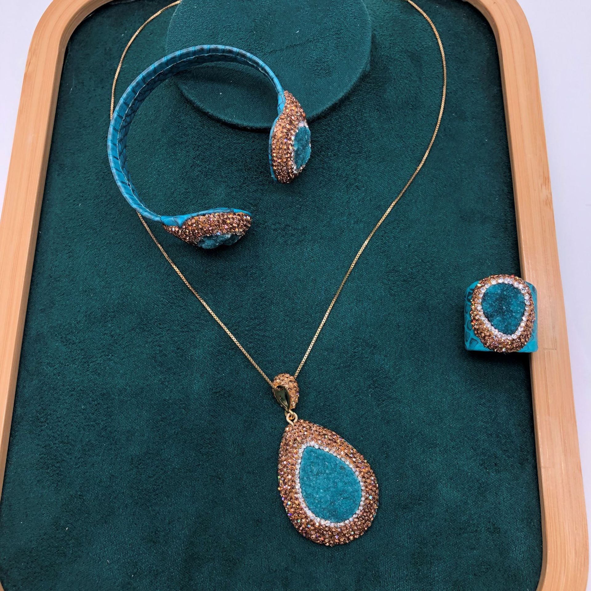 Blue Water Snakeskin Open Bracelet Ring Pendant Necklace Women's suit Handmade Diamond Bud Niche Design