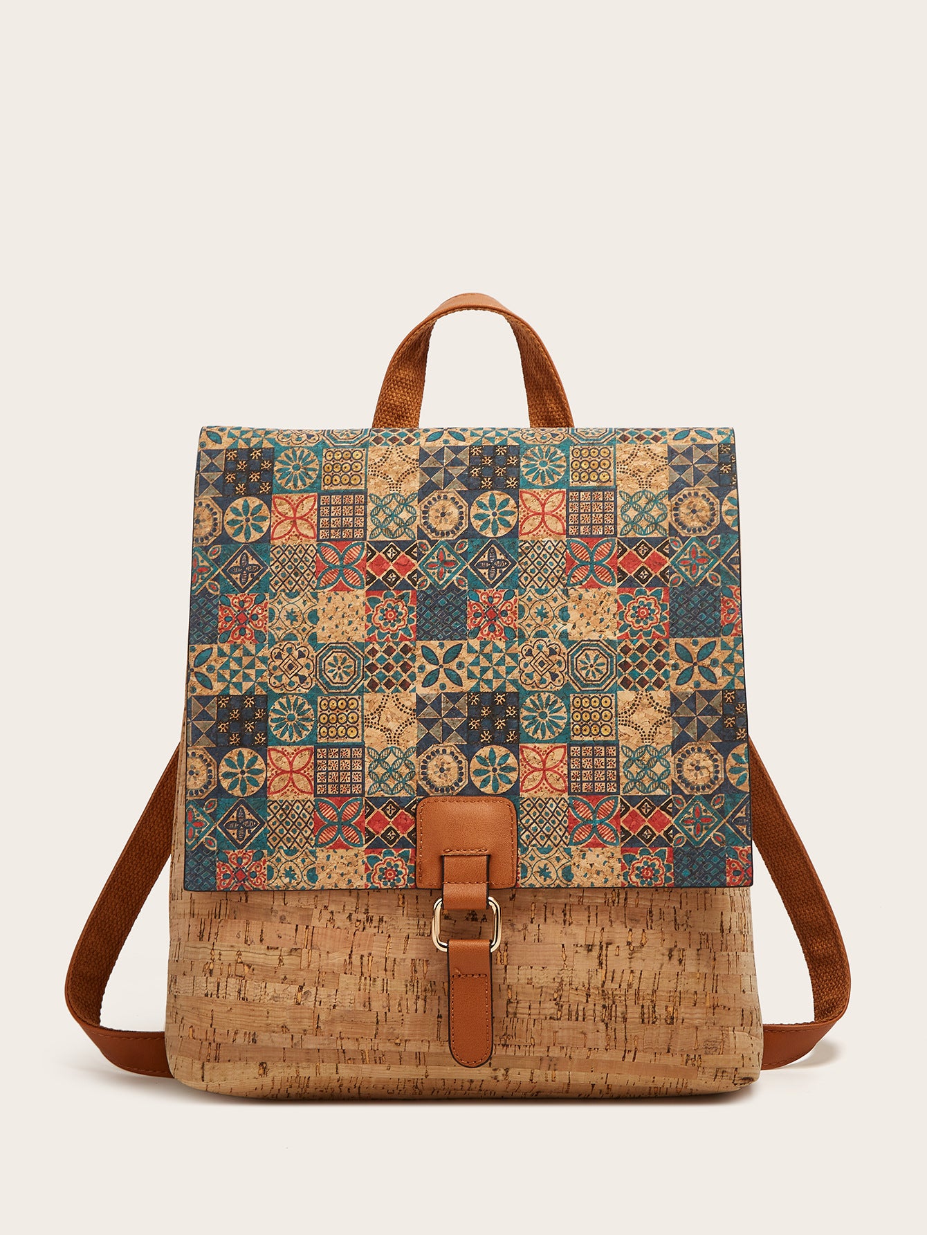 Cross-Border New Model 2026 Fashion Retro Printed Bark Cork Flip-Top Backpack Women's Large Capacity Backpack