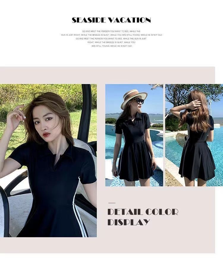 Women's Swimsuit Summer 2025 New Conservative One-Piece Skirt Style Belly-Covering Slimming Look Sports Boxer Student Hot Spring Swimwear