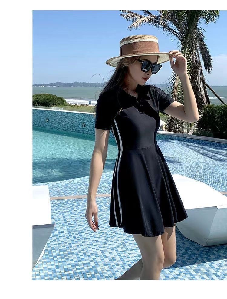 Women's Swimsuit Summer 2025 New Conservative One-Piece Skirt Style Belly-Covering Slimming Look Sports Boxer Student Hot Spring Swimwear