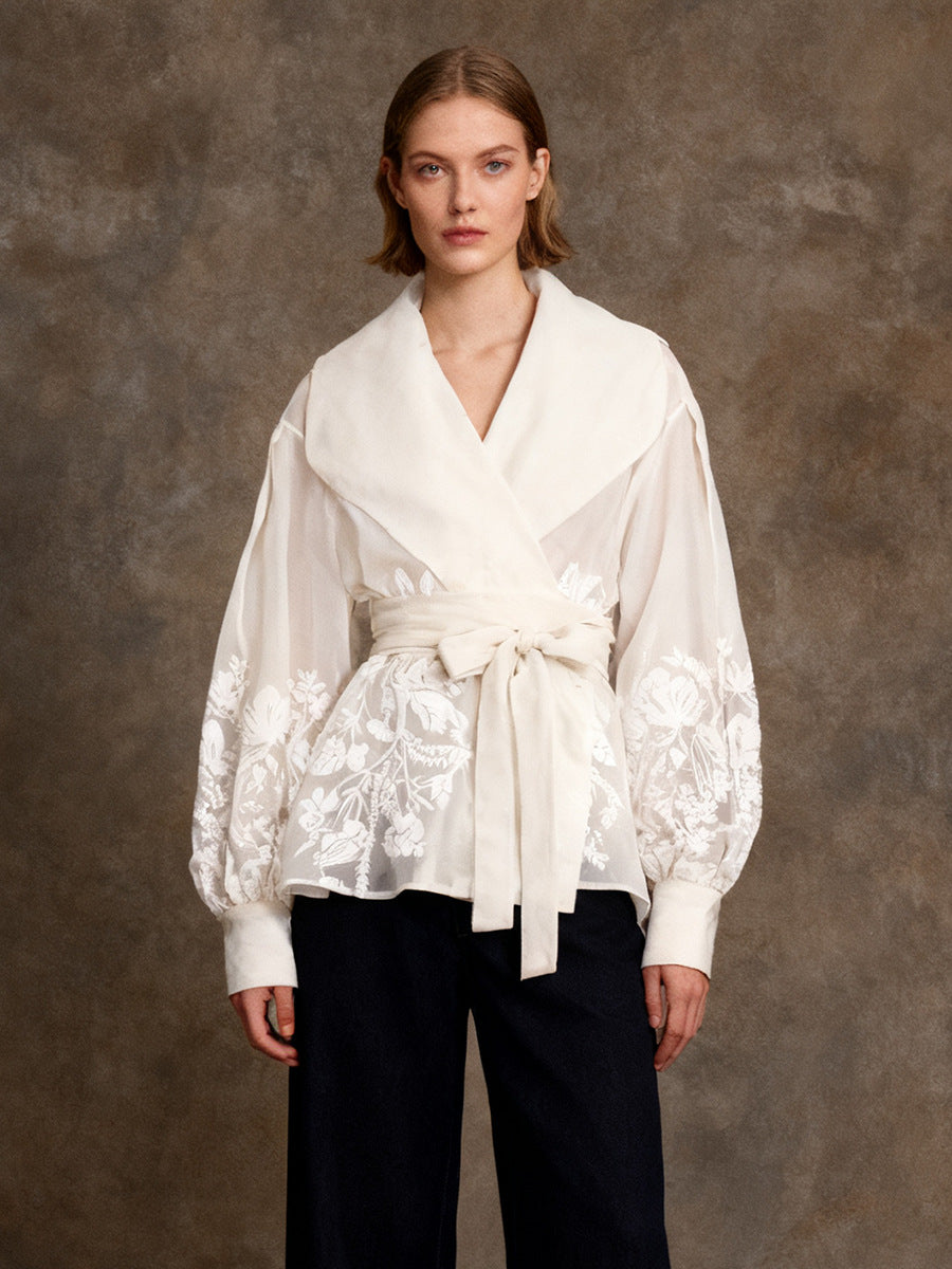 French-Style Elegant Printed Blouse 2026 Summer New Organza Large Lapel Lantern Sleeve Waist-Cinching Tie Shirt for Women