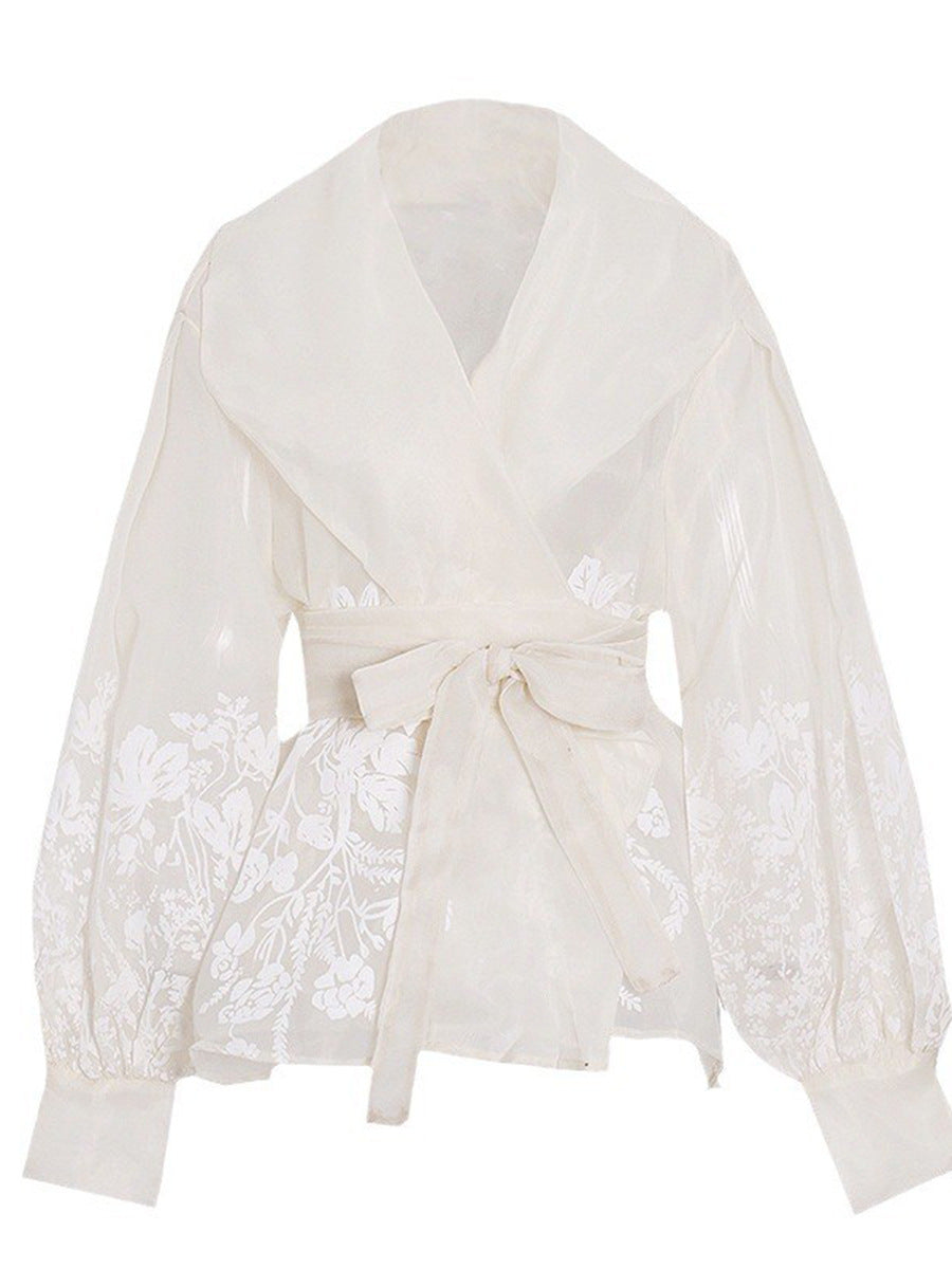 French-Style Elegant Printed Blouse 2026 Summer New Organza Large Lapel Lantern Sleeve Waist-Cinching Tie Shirt for Women
