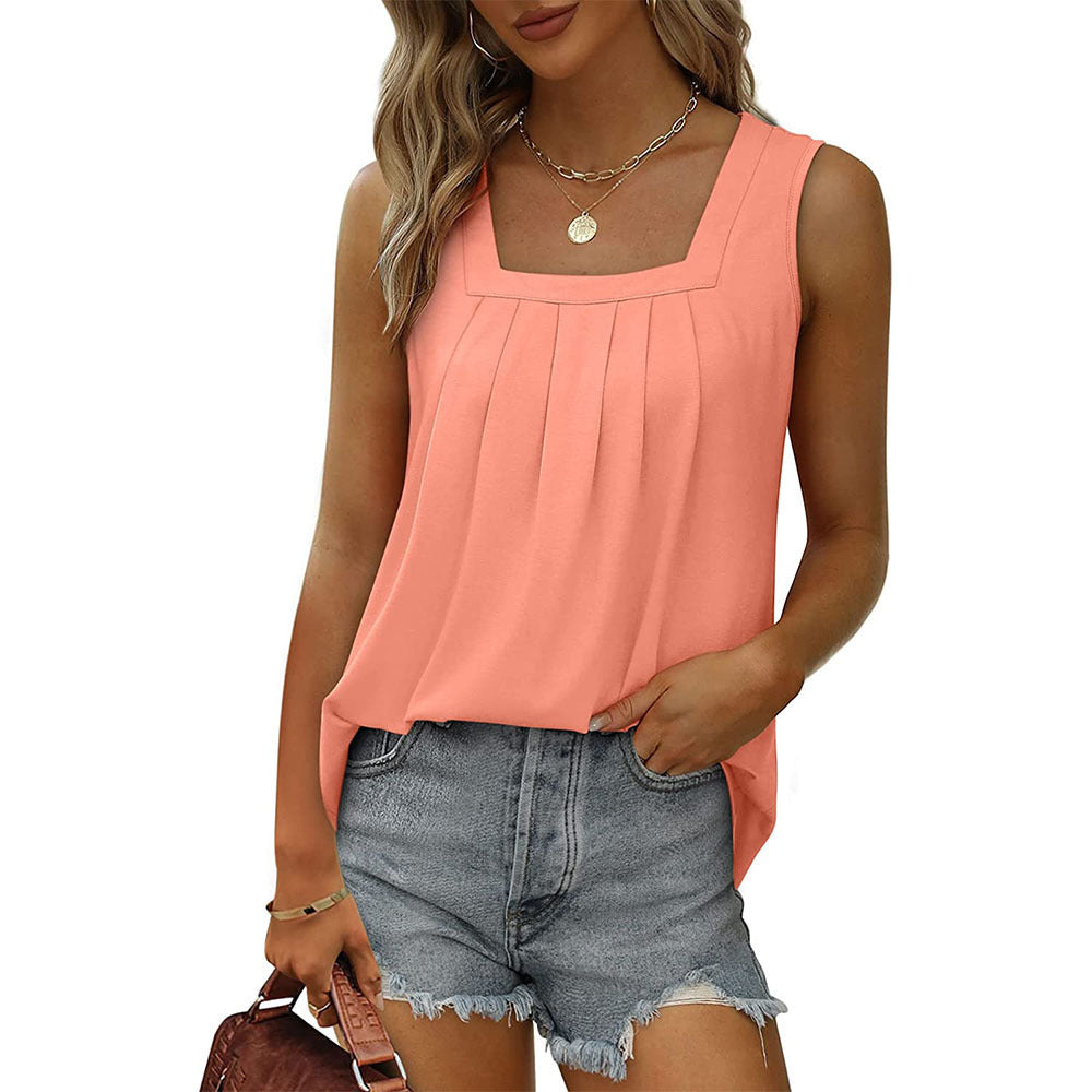 2024 Export Popular Sleeveless Square Collar Vest T-Shirt for Women Pure Color Pleated Swallowtail Suspender Fashionable Inner Top