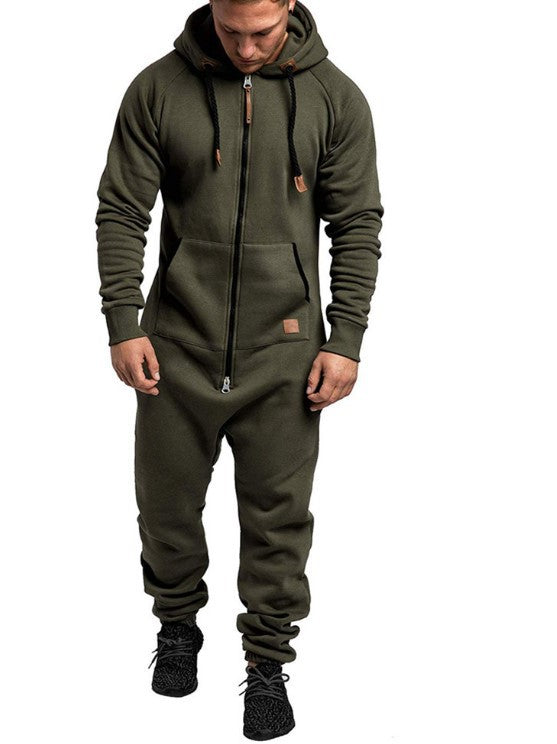 In-Stock New Foreign Trade Men's Hooded Fleece Jumpsuit Solid Color Casual Men's Suit Jumpsuit