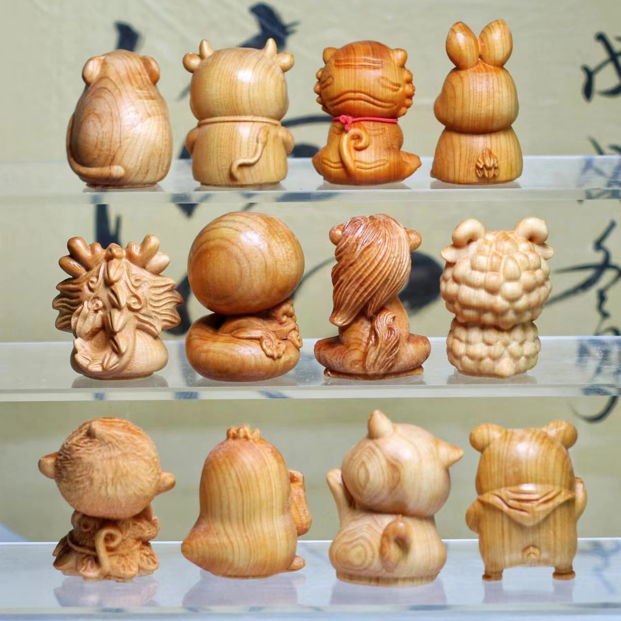 Thuja Wood Carving Twelve Zodiac Ornaments Mouse Ox Tiger Rabbit Dragon Snake Horse Sheep Monkey Chicken Dog Pig Handle Craft Gift