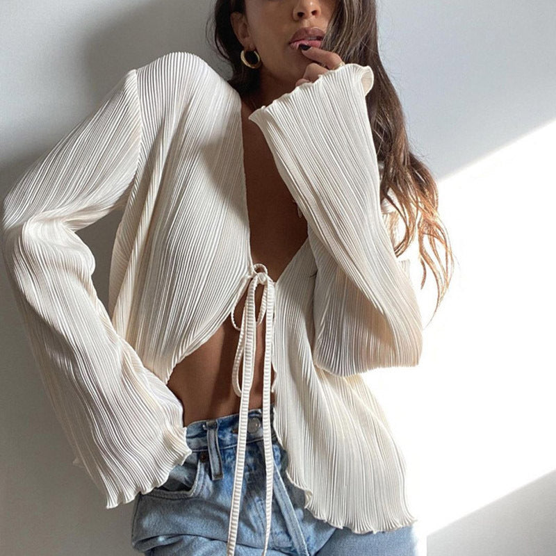 European and American Ins Style 2024 New Summer Sexy Hot Girl Top Slim-fit Horn Long-sleeved Pleated Shirt Women's French Style