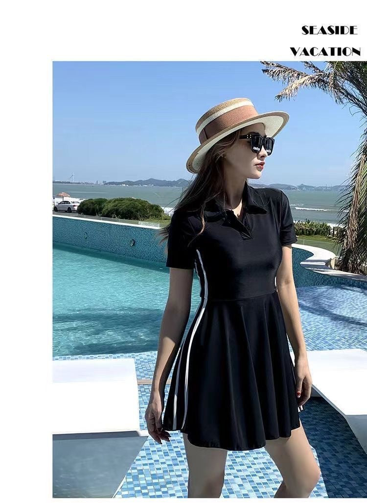 Women's Swimsuit Summer 2025 New Conservative One-Piece Skirt Style Belly-Covering Slimming Look Sports Boxer Student Hot Spring Swimwear