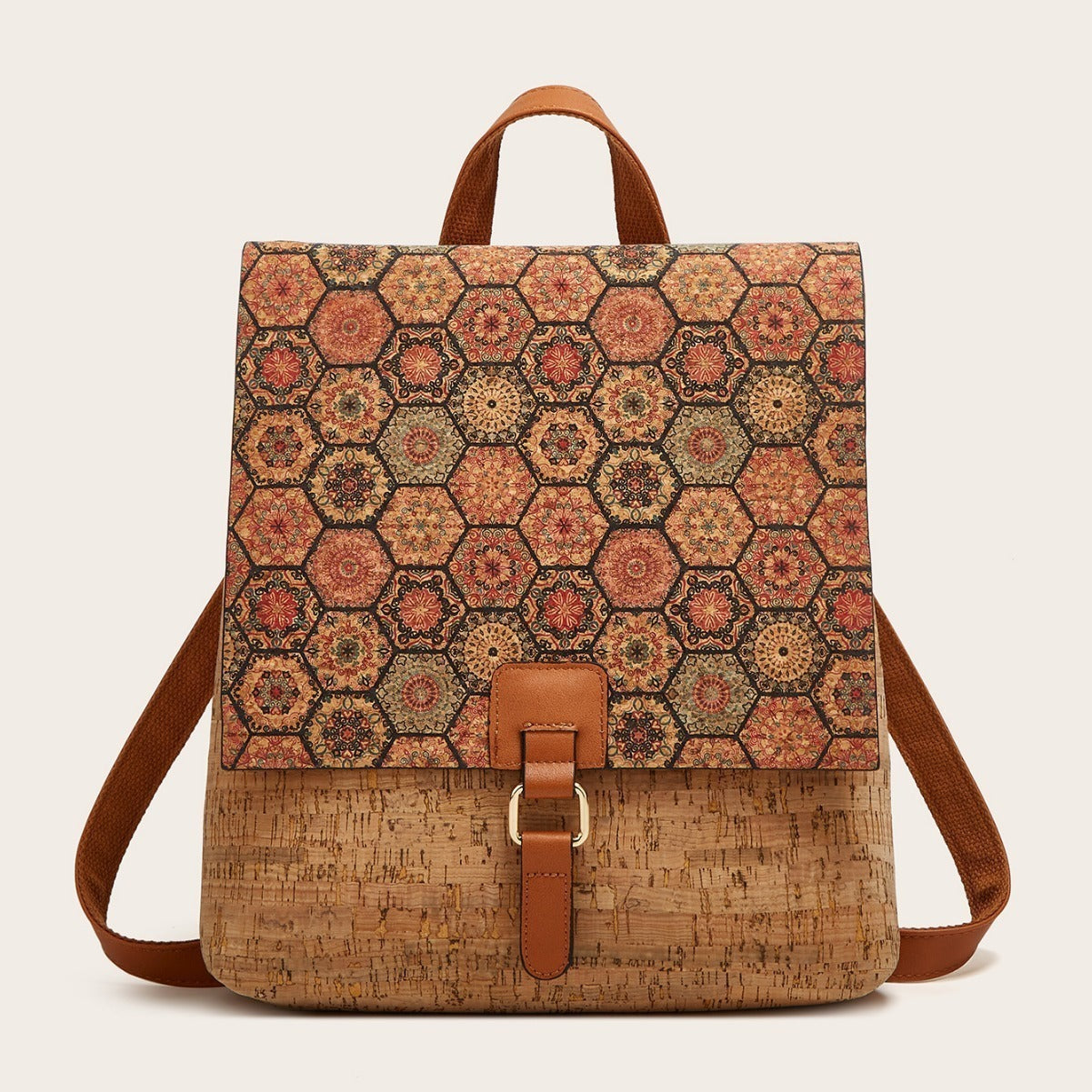 Cross-Border New Model 2026 Fashion Retro Printed Bark Cork Flip-Top Backpack Women's Large Capacity Backpack