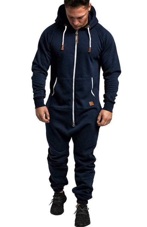 In-Stock New Foreign Trade Men's Hooded Fleece Jumpsuit Solid Color Casual Men's Suit Jumpsuit