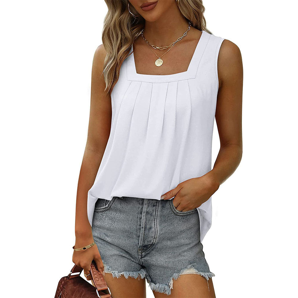2024 Export Popular Sleeveless Square Collar Vest T-Shirt for Women Pure Color Pleated Swallowtail Suspender Fashionable Inner Top