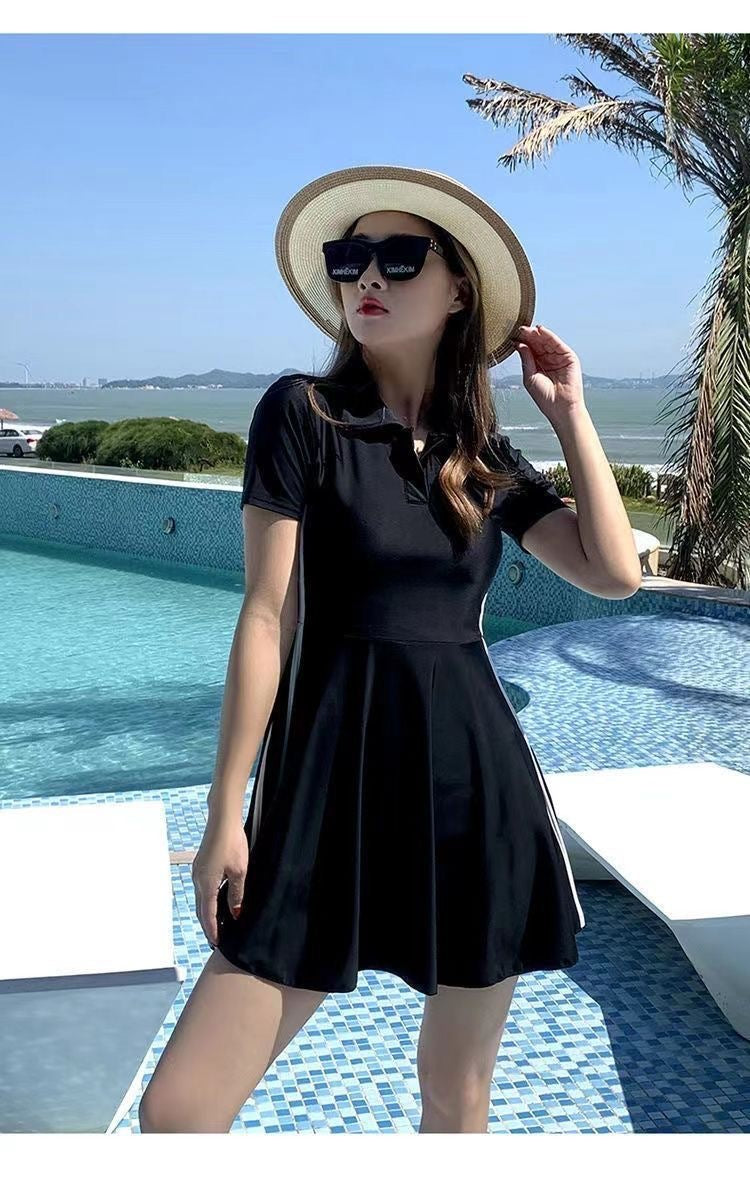 Women's Swimsuit Summer 2025 New Conservative One-Piece Skirt Style Belly-Covering Slimming Look Sports Boxer Student Hot Spring Swimwear