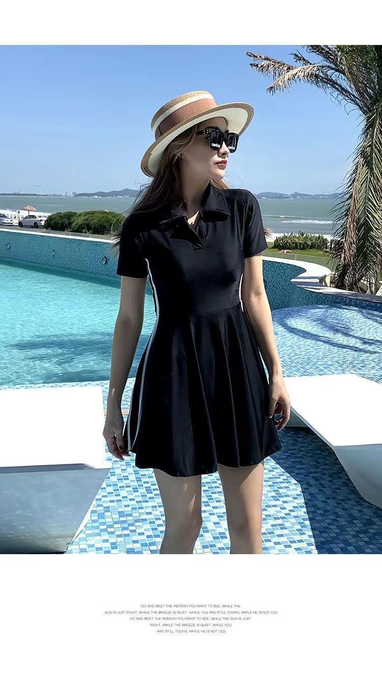 Women's Swimsuit Summer 2025 New Conservative One-Piece Skirt Style Belly-Covering Slimming Look Sports Boxer Student Hot Spring Swimwear