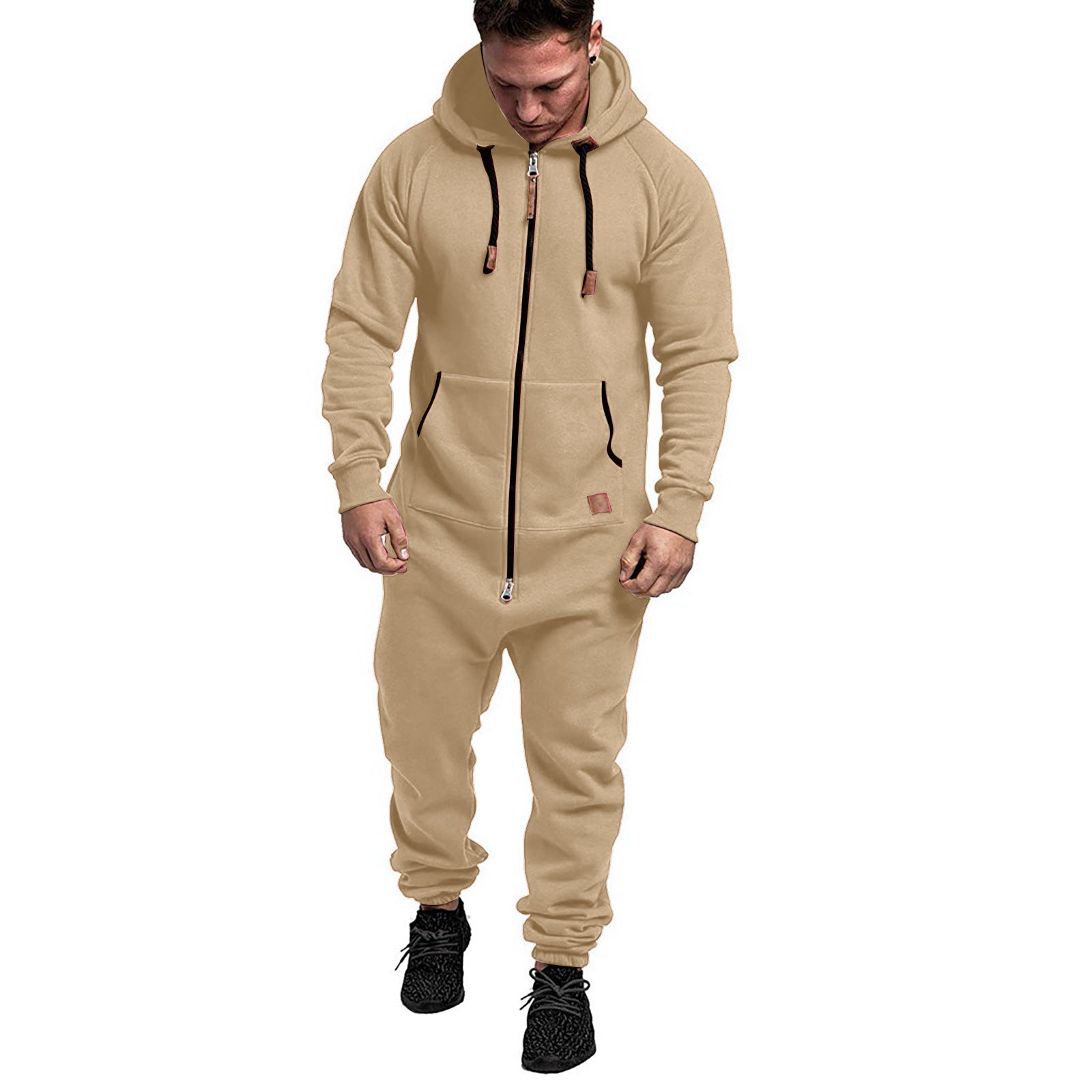 In-Stock New Foreign Trade Men's Hooded Fleece Jumpsuit Solid Color Casual Men's Suit Jumpsuit