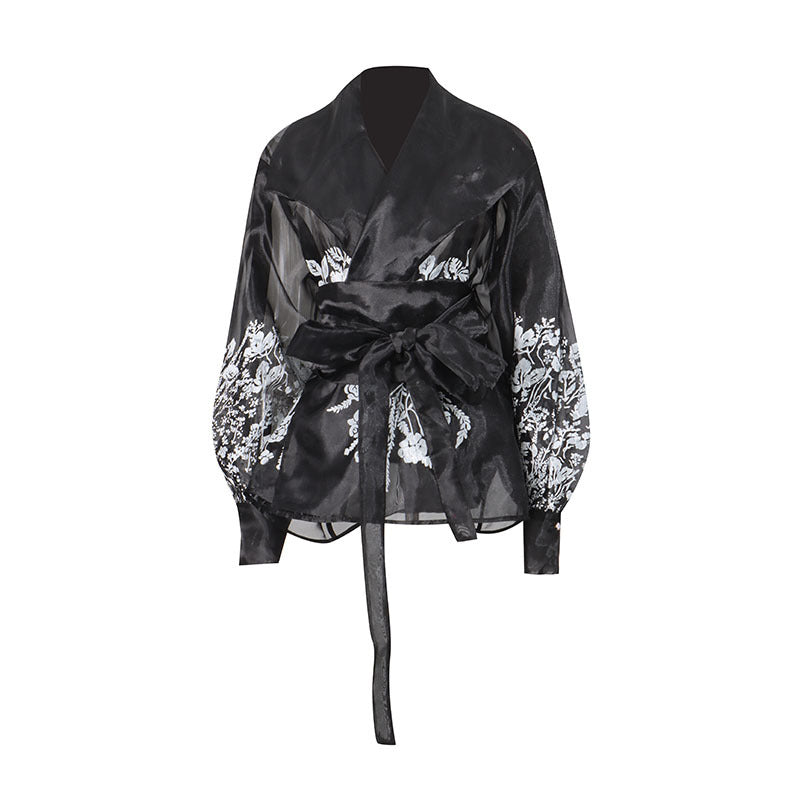 French-Style Elegant Printed Blouse 2026 Summer New Organza Large Lapel Lantern Sleeve Waist-Cinching Tie Shirt for Women