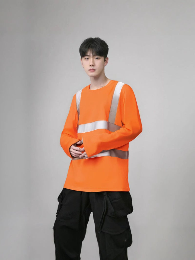 Wholesale Reflective Strip T-Shirt for Men, Long-Sleeved, Round Neck, Cross-Border, Plus Size, Sports Style, Large Size Round Neck T-Shirt
