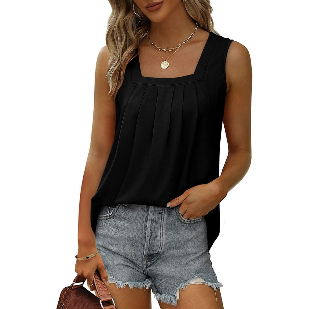 2024 Export Popular Sleeveless Square Collar Vest T-Shirt for Women Pure Color Pleated Swallowtail Suspender Fashionable Inner Top