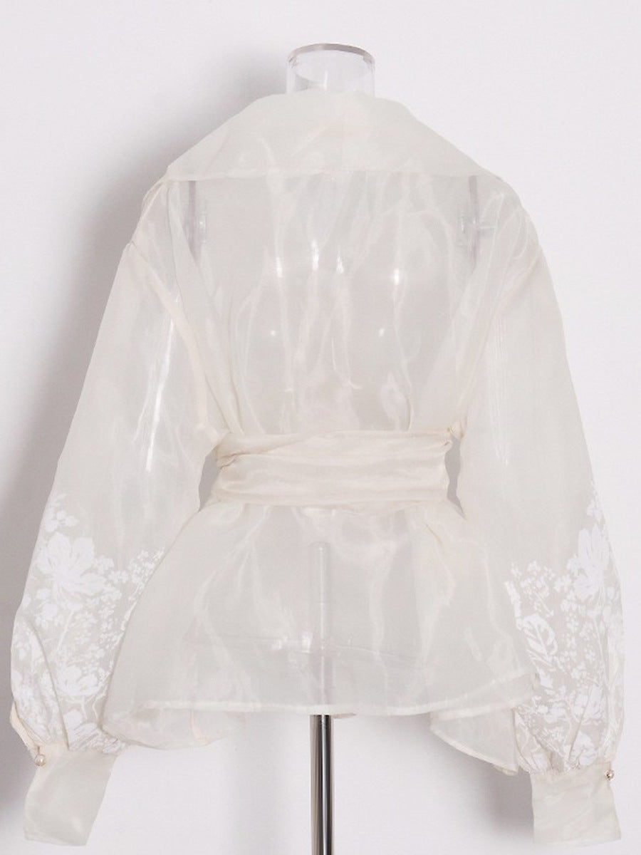 French-Style Elegant Printed Blouse 2026 Summer New Organza Large Lapel Lantern Sleeve Waist-Cinching Tie Shirt for Women