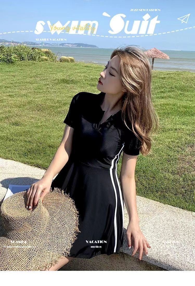 Women's Swimsuit Summer 2025 New Conservative One-Piece Skirt Style Belly-Covering Slimming Look Sports Boxer Student Hot Spring Swimwear