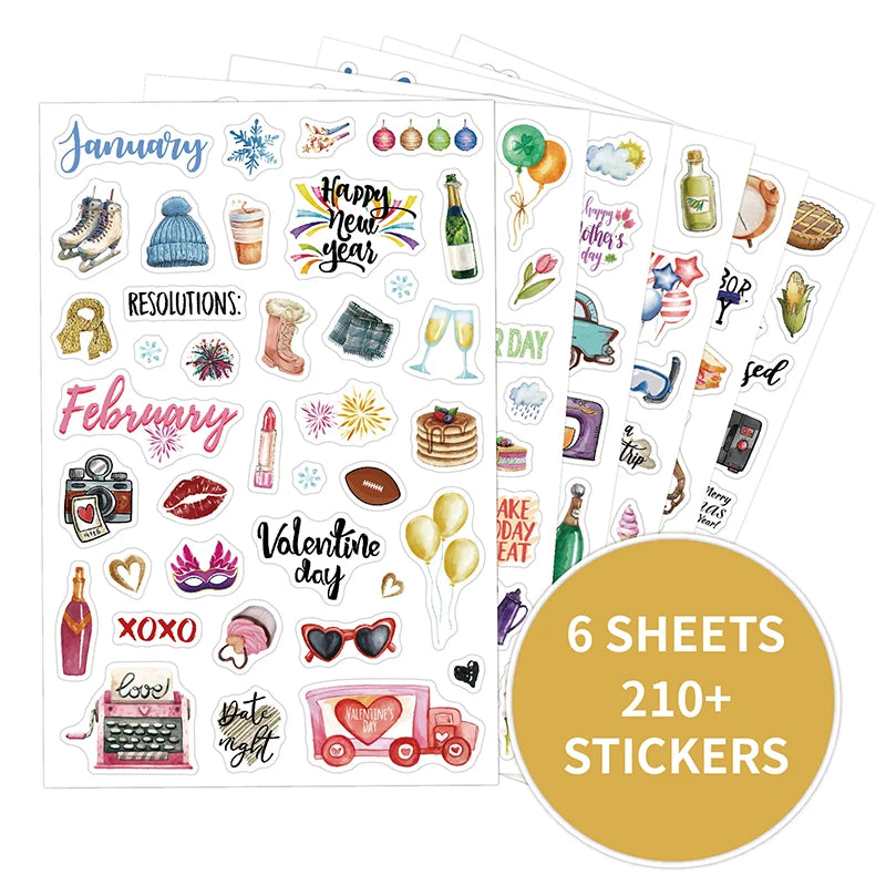 210 Cartoon-themed Planner Stickers English Schedule Management Labels Daily Journal Decorations Holiday-themed Index Tabs