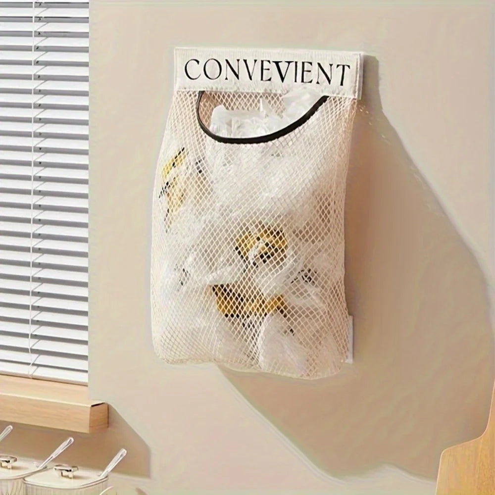 1Pc Wall Mounted Plastic Bag Organizer,Reusable,Household Miscellaneous Net Bag,Garbage Bag Ideal for Kitchen Organization