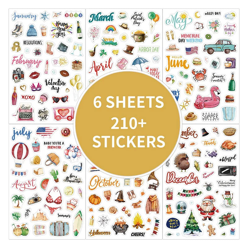 210 Cartoon-themed Planner Stickers English Schedule Management Labels Daily Journal Decorations Holiday-themed Index Tabs