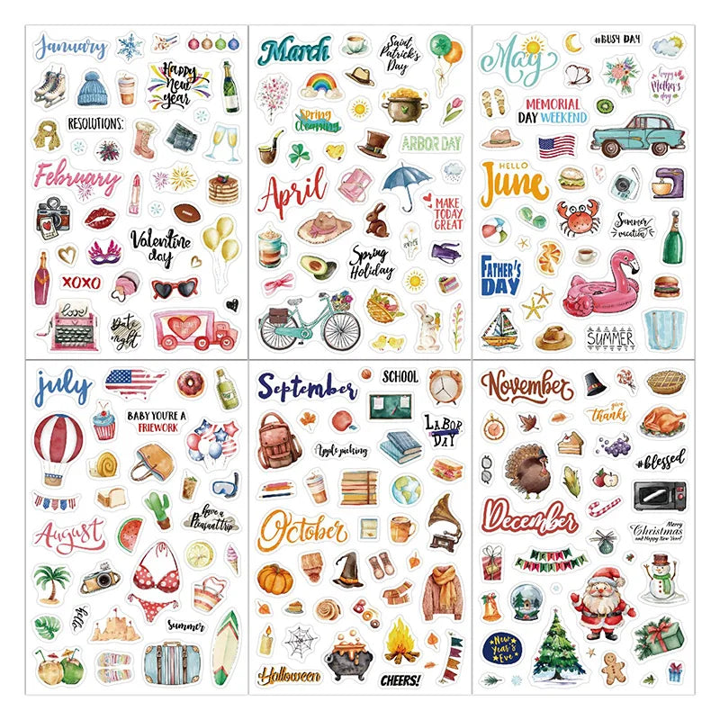 210 Cartoon-themed Planner Stickers English Schedule Management Labels Daily Journal Decorations Holiday-themed Index Tabs